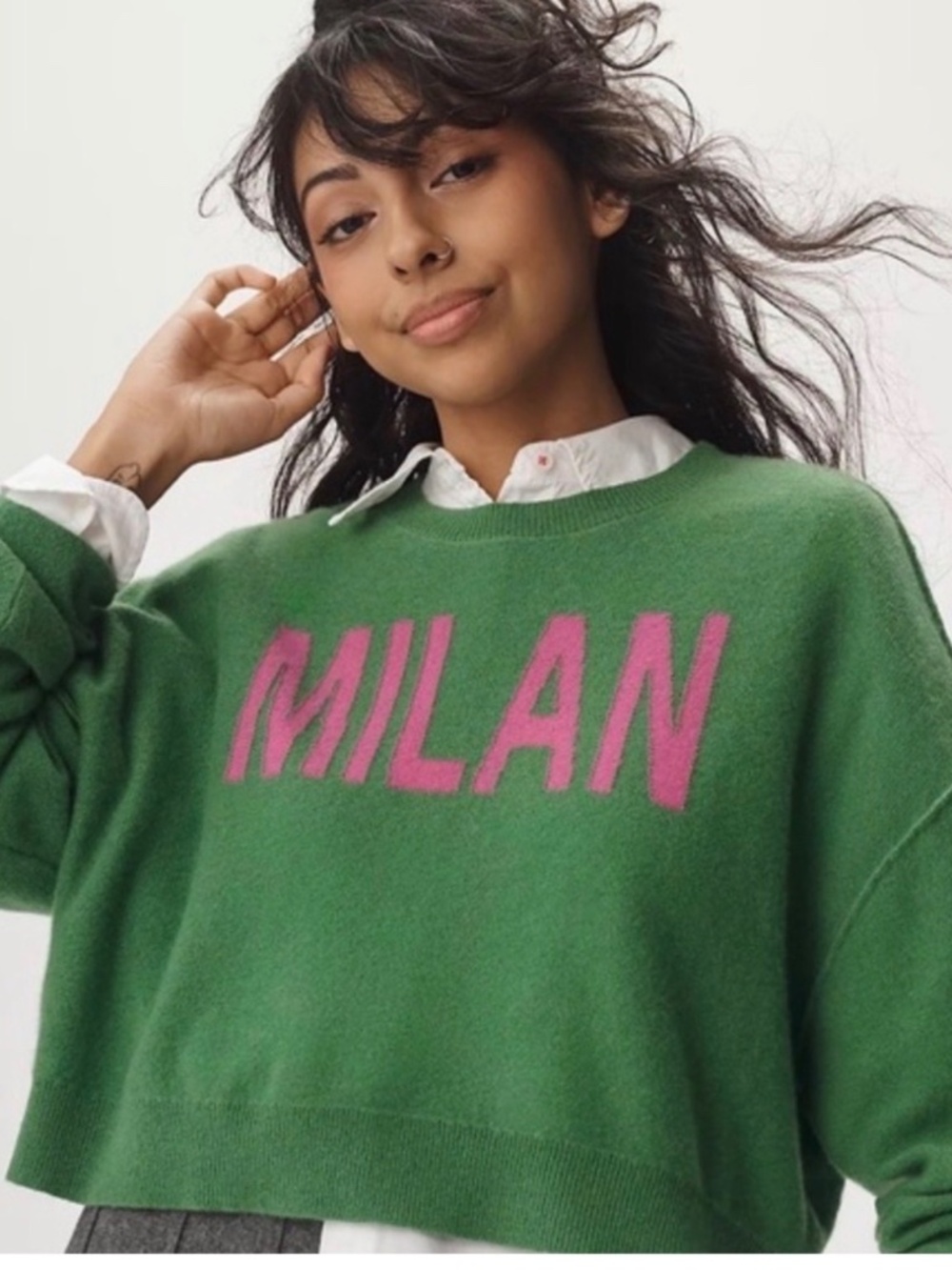 Pilcro Anthropologie Alani Cropped Cashmere Crew Green Pink Milan Sweater Med - Picture 4 of 6